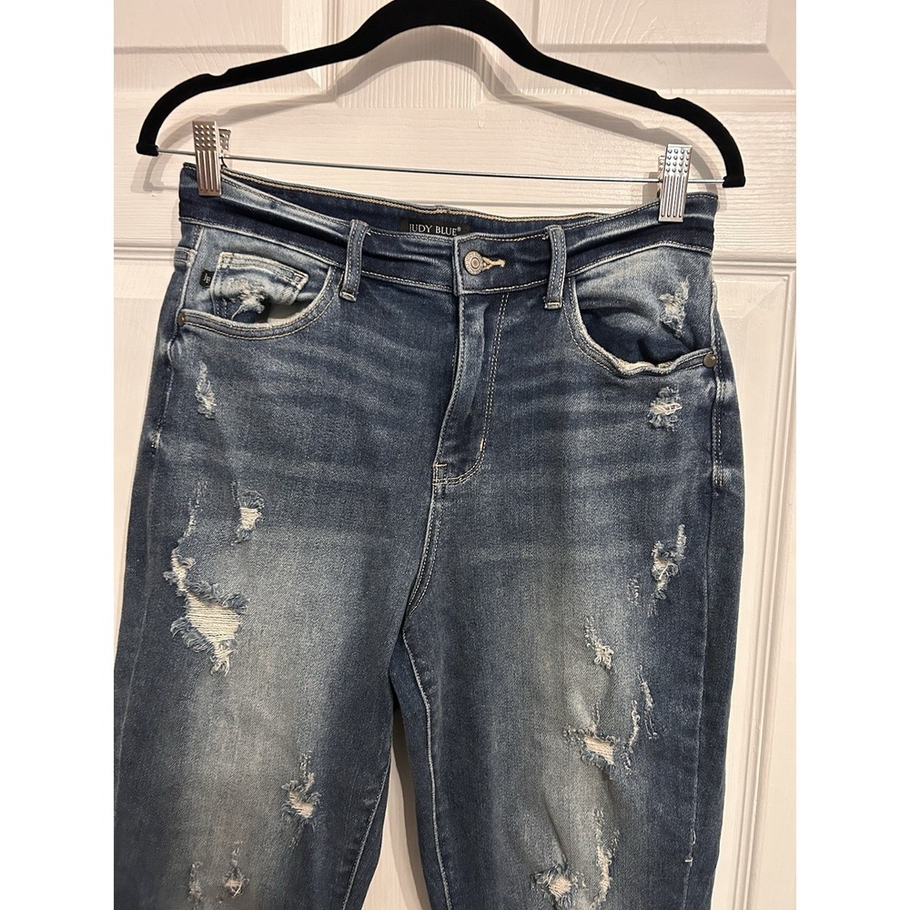 Judy Blue 7/28 Straight Fit Dark Wash Distress Raw Hem Blue Jeans Denim - Picture 2 of 13